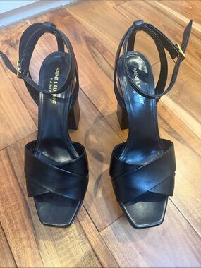 Saint Laurent Black Leather Crisscross Block Heel Sandals